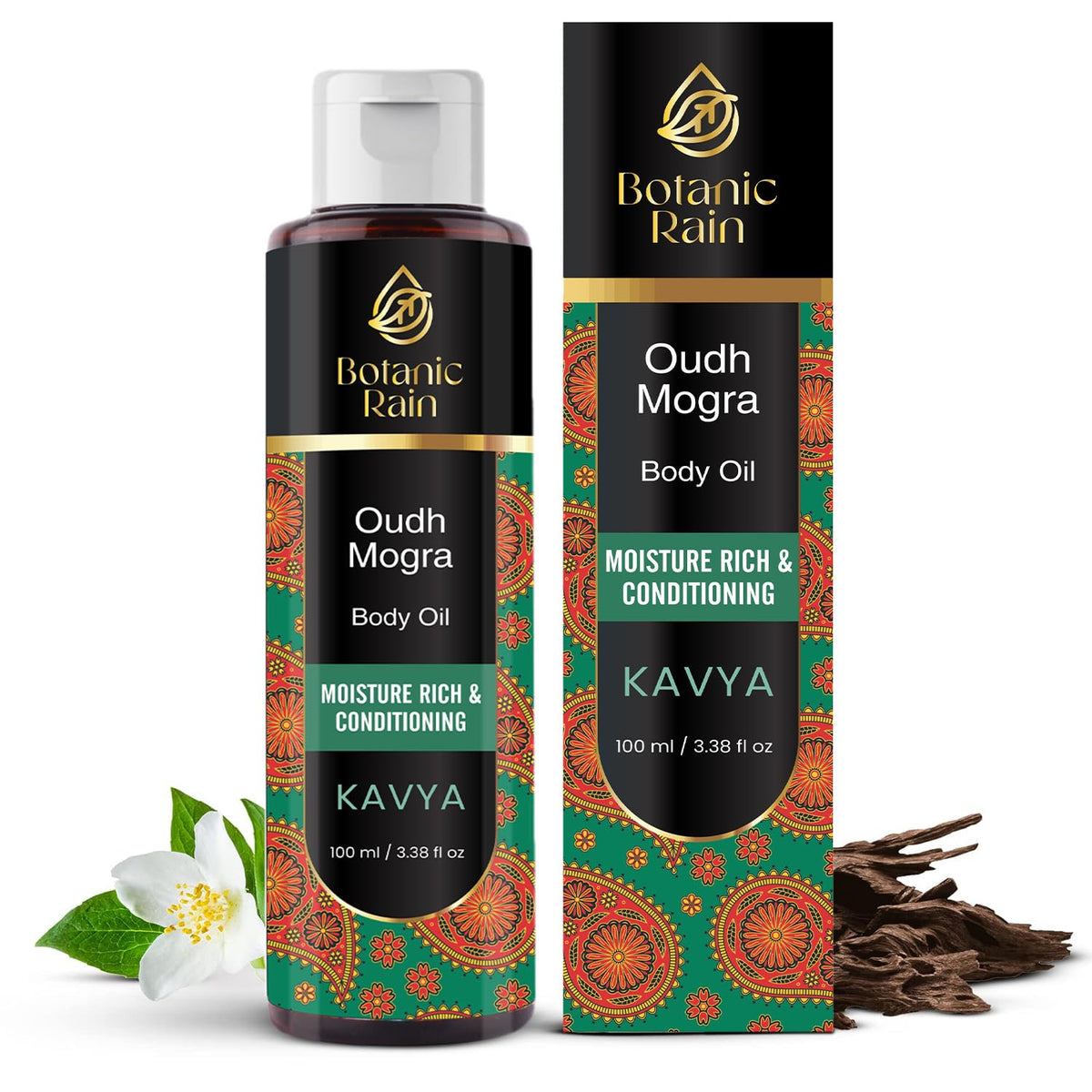 Botanic Rain Ayurveda Body Oil With Oudh & Mogra Organic Body Oil After Shower Moisturizing & Hydrating Natural Body Oils For Women And Men 3.38 Fl Oz
