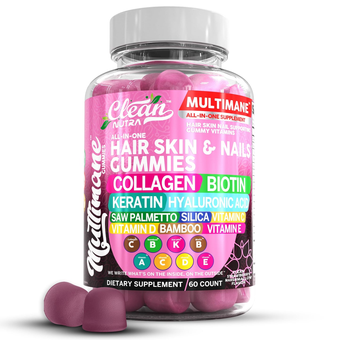 Biotin Collagen Keratin Gummies | Hair Skin and Nails Vitamins for Women | Hyaluronic Acid Bamboo Vitamin A C D3 E Folate With Saw Palmetto Silica B3 B12 Vegan Gummy By Clean Nutra