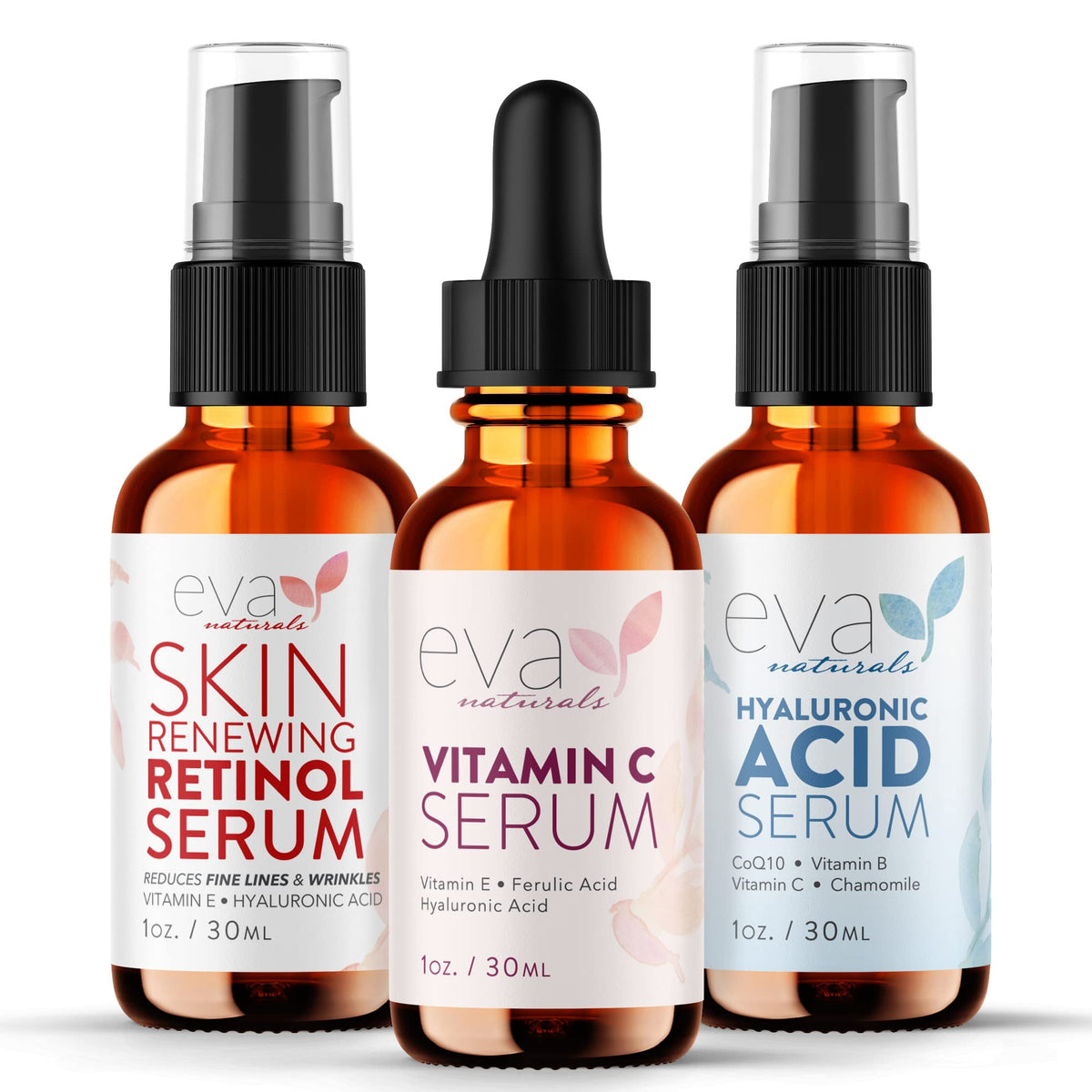 Eva Naturals Anti-Aging Serum Bundle - Vitamin C Hyaluronic Acid and Retinol | Face Serum Set for Skin Brightening Hydration