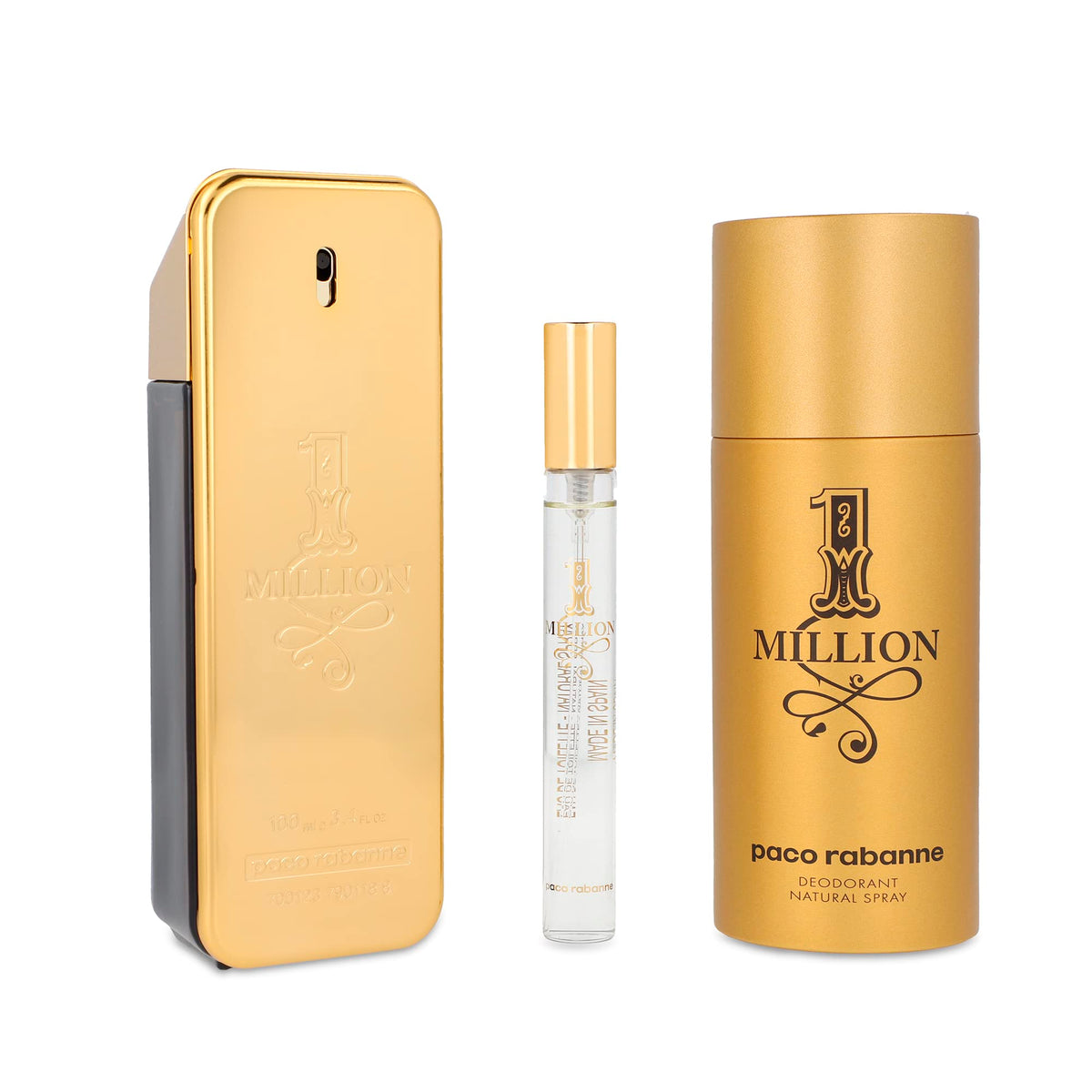 Paco Rabanne One Million 3-Piece Gift Set for Men (3.4 Oz Eau De Toilette Spray + 5.1 Oz Deodorant Spray + 0.33 Oz Travel Spray)