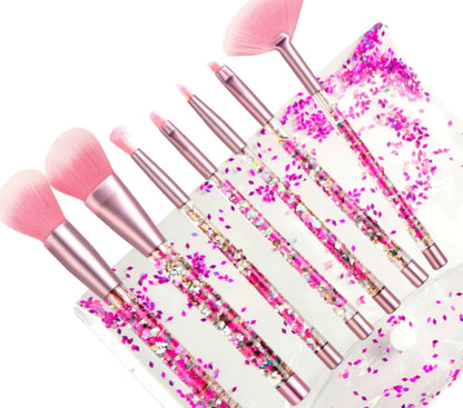 RAEEIKPHZ Sparkle Pink Makeup Brushes SetUnicorn Glitter 7pc Foundation Blush Lip Nose Eyeshadow Eyebrow Loose Powder Fan Make Up Brushes Kit with Liquid for Kids Girls Teen Women Gift Present