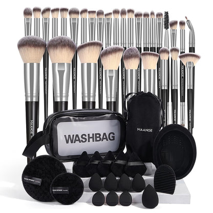 MAANGE Makeup Brushes 49 Pcs Makeup Tool Set Premium Synthetic Makeup Brush Set Foundation Powder Concealers Eye Blush Make Up Brush Kit (Black/Silver 49 Piece Set)