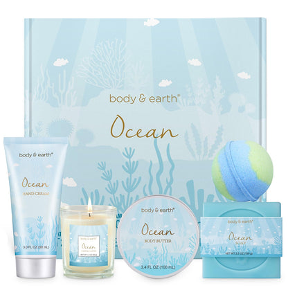 Gifts for Women Bath and Body Gift Sets for Women with 5 Pcs Ocean Scented Spa Gifts for Women Bath Gifts for Women with Scented Candle Body Butter Hand Cream Bath Bomb Womens Gifts for Christmas