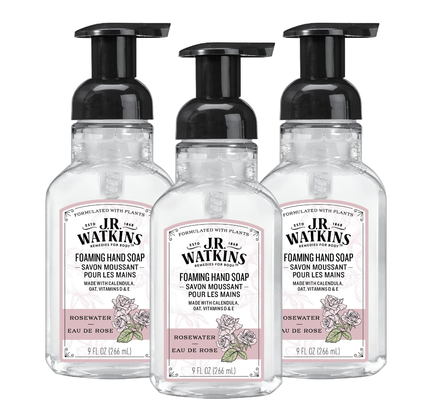 J.R. Watkins Foaming Hand Soap with Pump Dispenser Moisturizing Foam Hand Wash All Natural Alcohol-Free Cruelty-Free USA Made Rosewater 9 fl oz 3 Pack