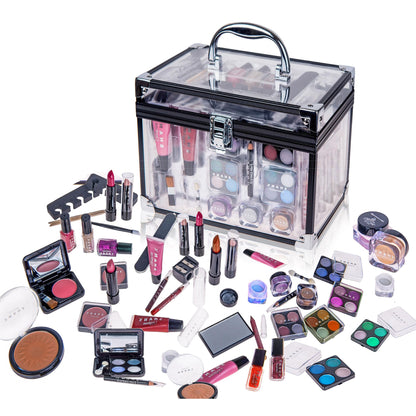 SHANY Carry All Trunk Makeup Train Case with Re-usable Aluminum Makeup Storage Case. Non Toxic Color Make up Set with Eye palettes BlushesMakeup Powders Manicure Pedicure and Makeup Brushes.