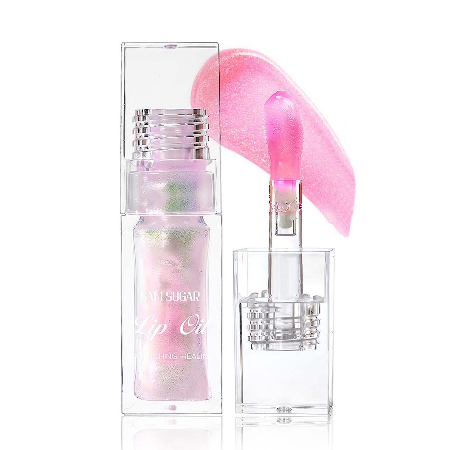 Color Changing Lip OilClear to Pink Magic Big Brush Color Changing Hydrating Lip Glow OilLong Lasting Nourishing Non-sticky Lip Oil Tinted for Lip Care and Dry Lips (Pink)