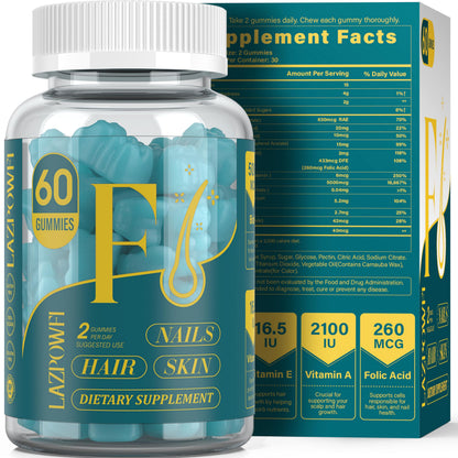 Lazpowfi Biotin Gummies -Hair Skin and Nails Vitamins for Men & Women Vegan Vitamin B7 Supports Hair Growth and Stronger Nails30 Day Supply - Blueberry-60 Counts