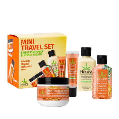Hempz Mini Sweet Treats Travel Kit Mini Body Wash Body Lotion Body Scrub and Lip Balm Sweet Pineapple Honeymelon Scent 4 Piece Gift Set