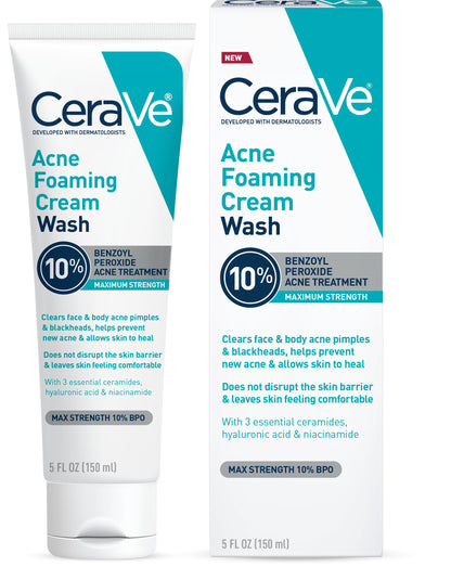 CeraVe Acne Foaming Cream Wash Gentle Face and Body Cleanser with Benzoyl Peroxide 10% Hyaluronic Acid and Niacinamide 10% Benzoyl Peroxide Treatment Clears Pimples and Blackheads 5 Oz