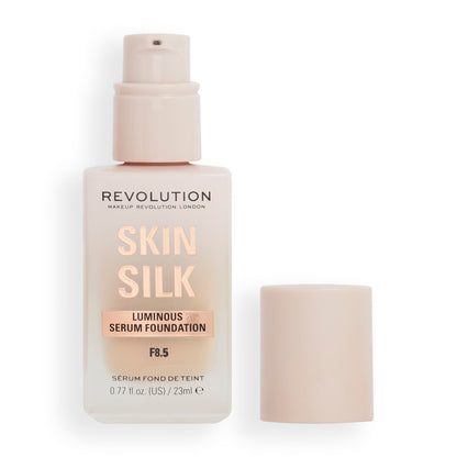 Revolution Beauty Skin Silk Serum Foundation Light to Medium Coverage Lightweight & Radiant Finish Contains Hyaluronic Acid F8.5 Medium Skin Tones 0.77 Fl. Oz.