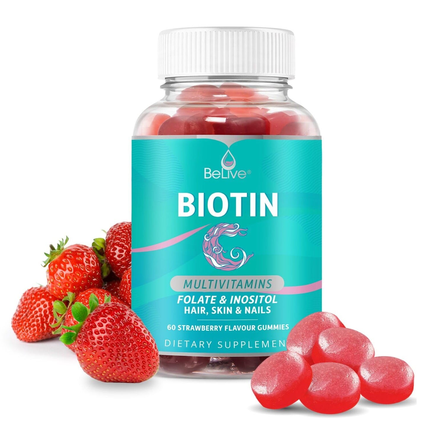BeLive Biotin Gummies with MultiVitamins Folate Inositol – Supports Hair Growth Healthy Skin & Nails – Vegan Pectin Based – Strawberry Flavor (1)