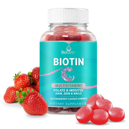 BeLive Biotin Gummies with MultiVitamins Folate Inositol – Supports Hair Growth Healthy Skin & Nails – Vegan Pectin Based – Strawberry Flavor (1)