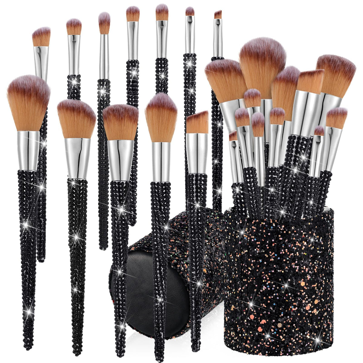 Rtteri 13 Pcs Rhinestone Makeup Brushes Set Bling Crystal Professional Face Cosmetics Blending Liquid Foundation Powder Concealer Eye Shadows Make up Beauty Tool Glitter with Holder (Black)