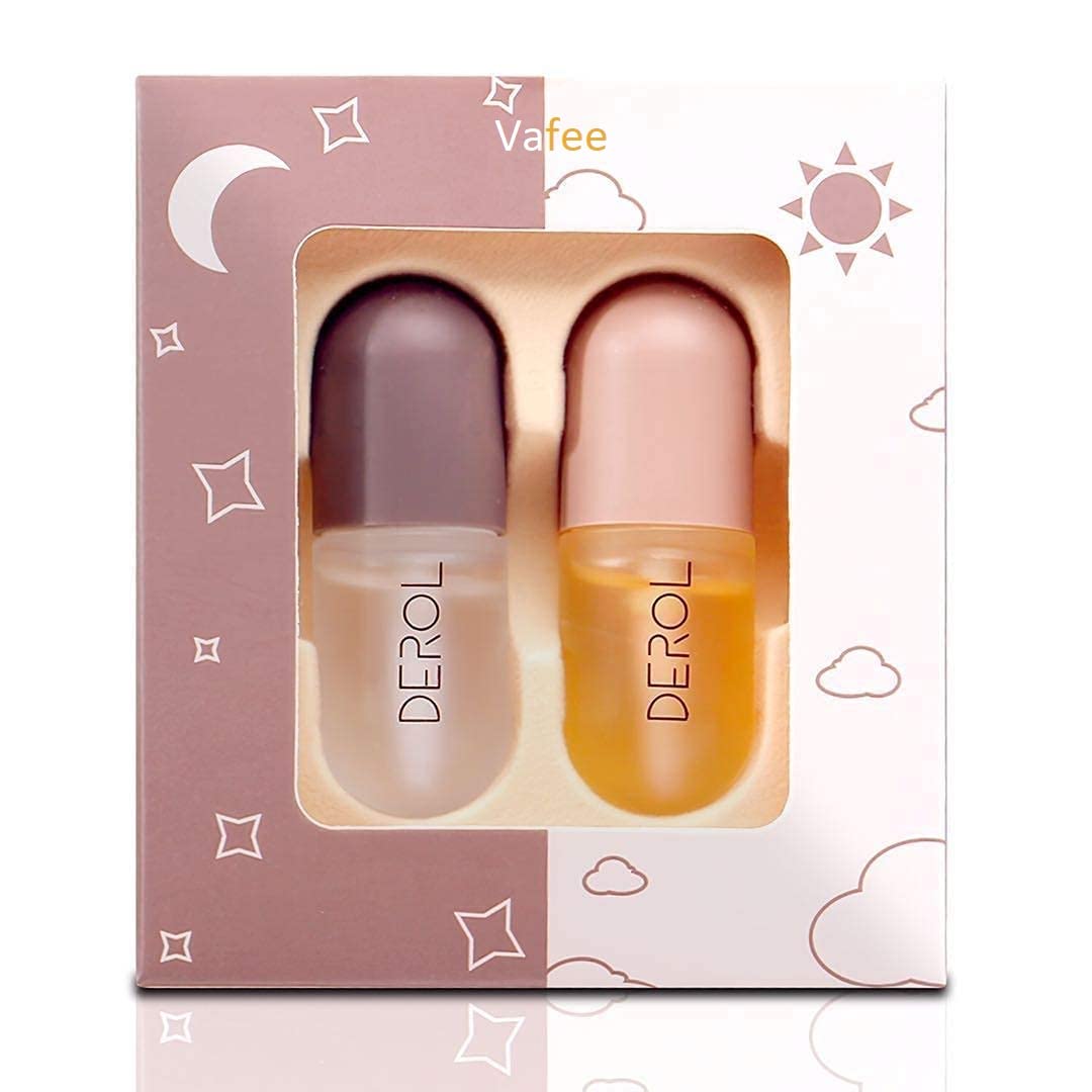 DEROL Lip Plumper by Vafee Natural Lip Plumper and Lip Care Serum Lip Enhancer for Fuller Lip Mask Beautiful Fuller Hydrating & Reduce Fine Lines 5.5ML (Day& Night)
