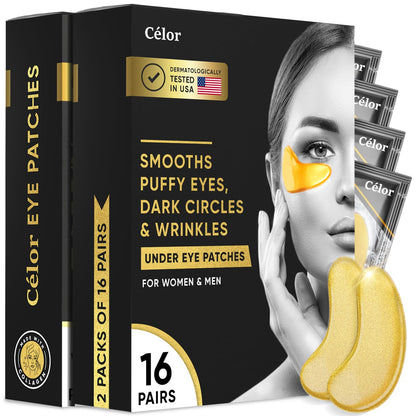 CÉLOR Under Eye Patches for Puffy Eyes and Dark Circles (32 Pairs) with Amino Acid & Collagen - Under Eye Masks Great for Bachelorette Party Favors Swag Bag Stuffers Spa Gifts for Women