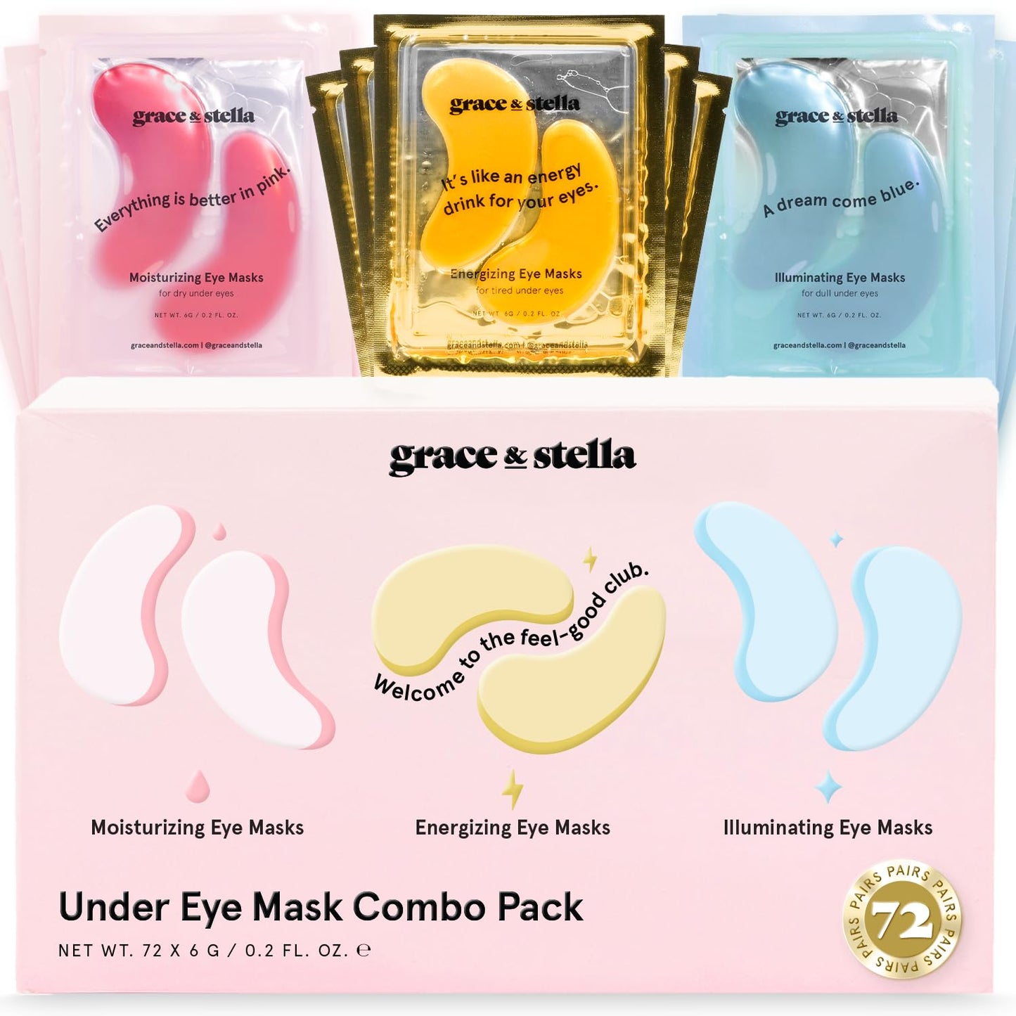 Under Eye Mask - Reduce Dark Circles Puffy Eyes Undereye Bags Wrinkles - Gel Under Eye Patches Vegan Cruelty-Free Self Care by grace and stella (72 Pairs GoldPinkBlue)24 Pair (Pack of 3)
