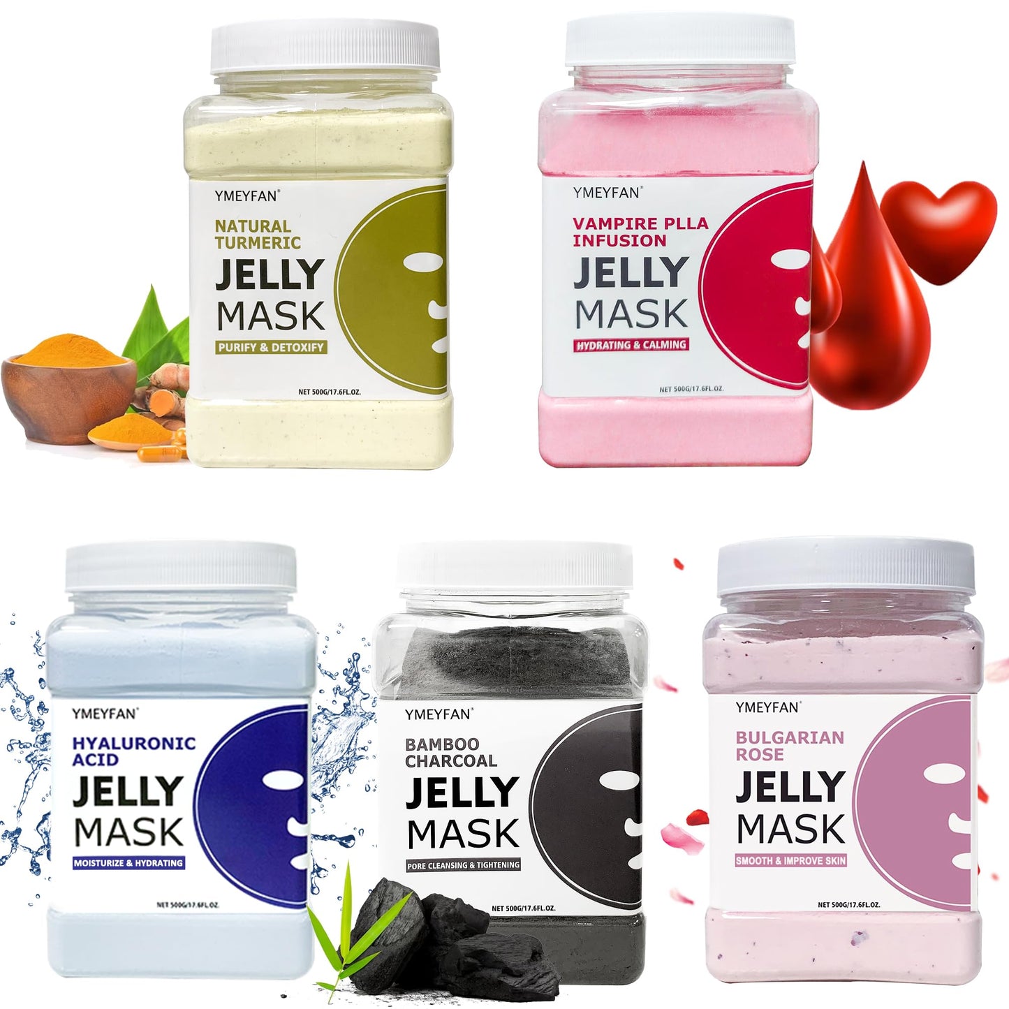 YMEYFAN 5 Jar Jelly Mask Powder for Facial Mask Professional Bundle (Turmeric Vampire Hyaluronic Acid Charcoal Powder Rose Petal)