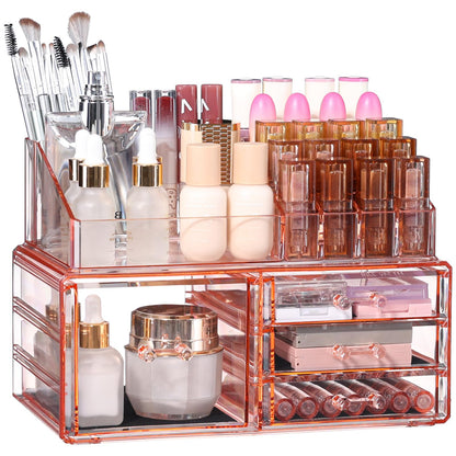 Cq acrylic Pink Makeup 4 Drawers StorageLarge Make Up Organizer and Plastic Desk Organizer for Dressing Table Countertop Bathroom Counter Vanity Holder for Brushes Lotions Cosmetic Storage