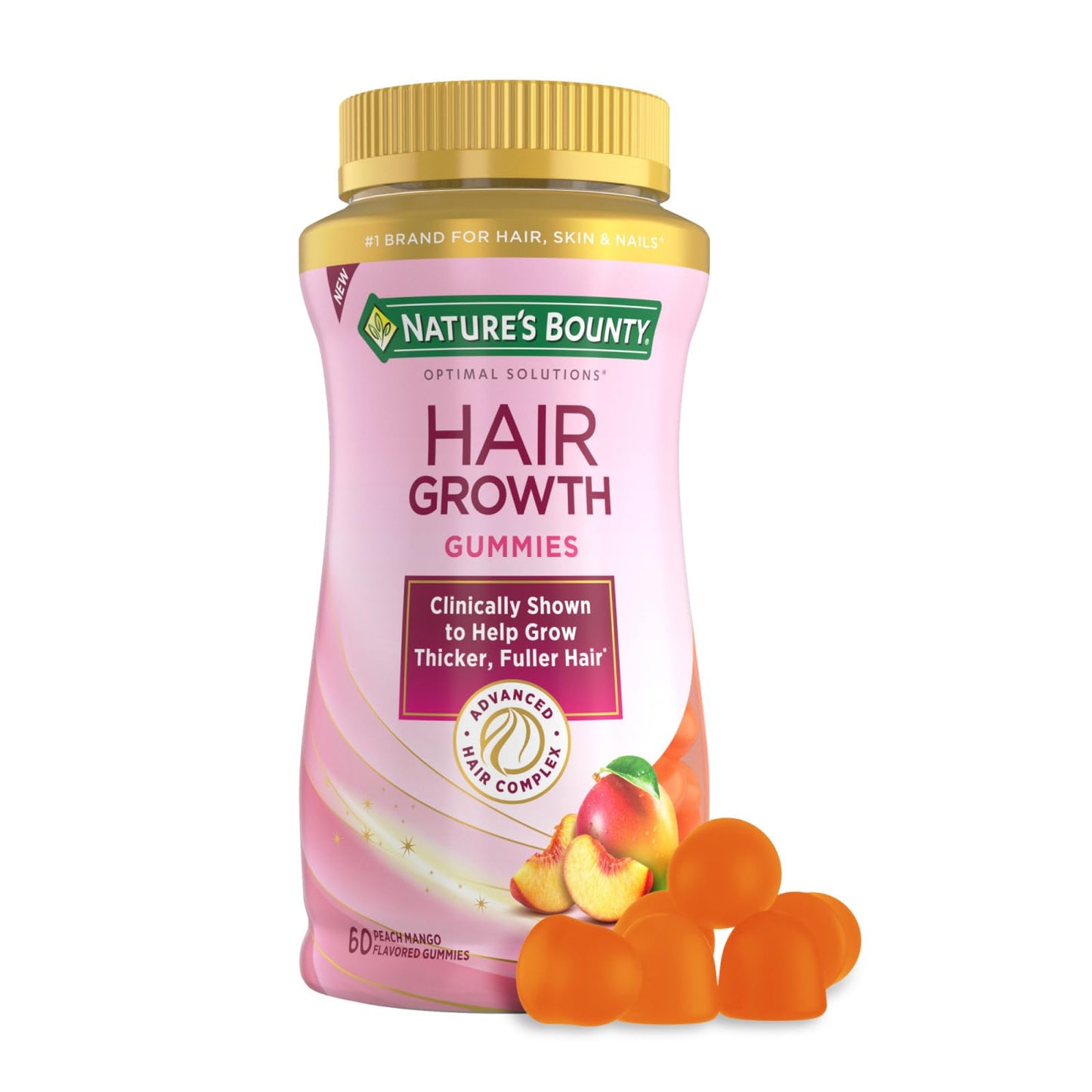 Nature’s Bounty Hair Growth Gummies for Supporting Thicker Fuller Hair with Biotin Silicon & Arginine Peach Mango Flavor – Gluten Free Contains No Lactose Sodium or Fish 60 Count/30 Servings