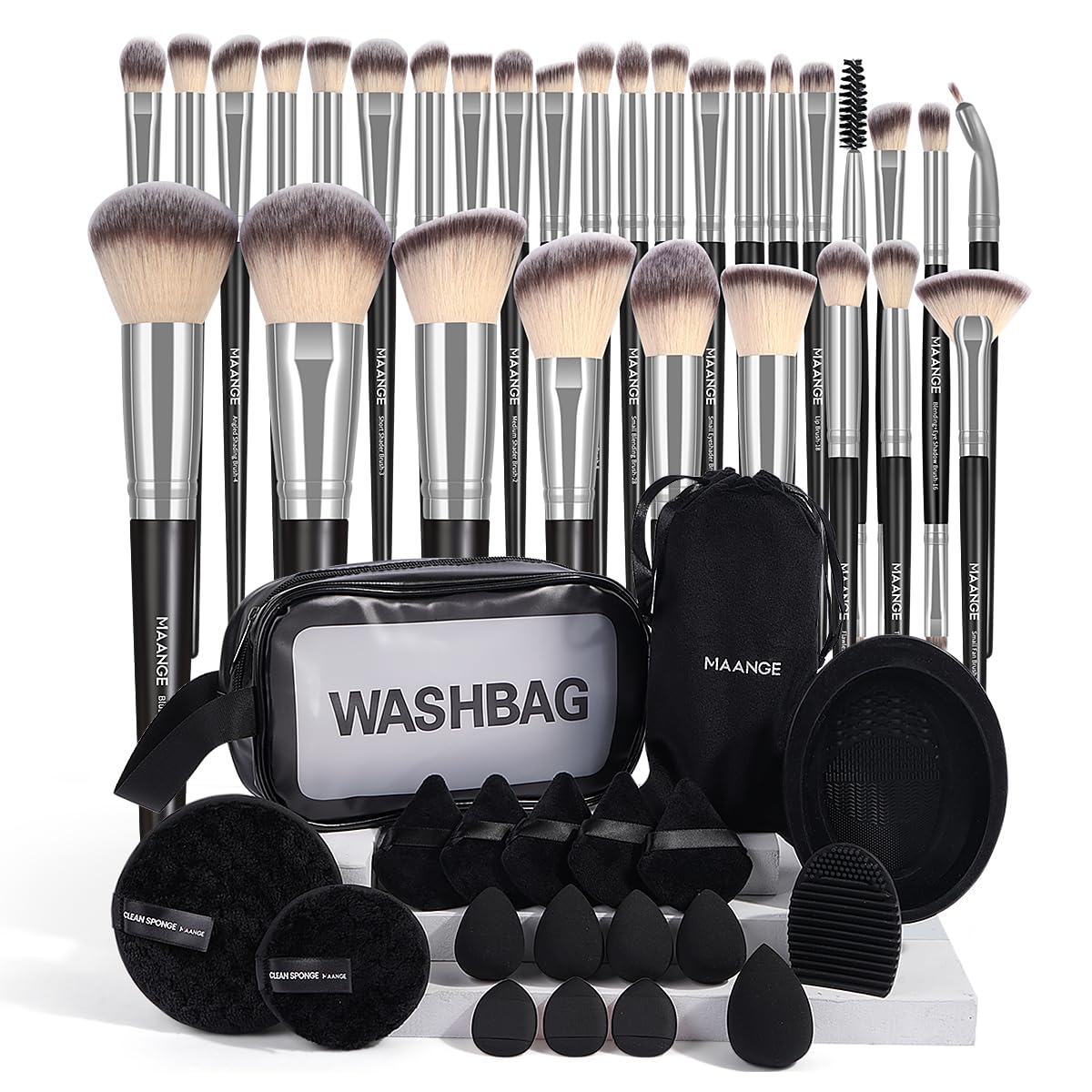 MAANGE Makeup Brushes 49 Pcs Makeup Tool Set Premium Synthetic Makeup Brush Set Foundation Powder Concealers Eye Blush Make Up Brush Kit (Black/Silver 49 Piece Set)