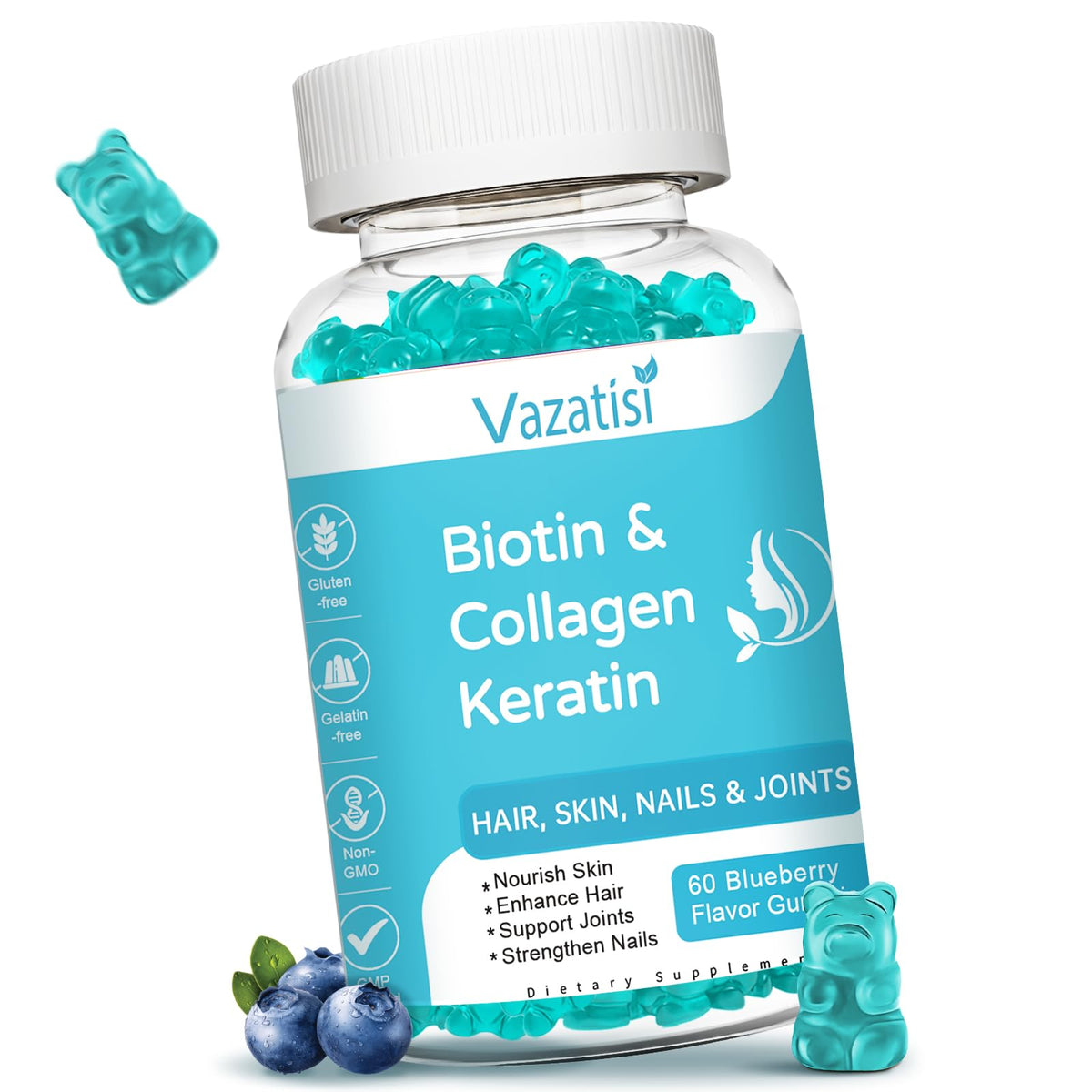 Biotin Gummies 15000 mcg with Collagen & Keratin for Hair Skin Nails & Joints Women Men Kids 60 Blueberry Flavored Gummies
