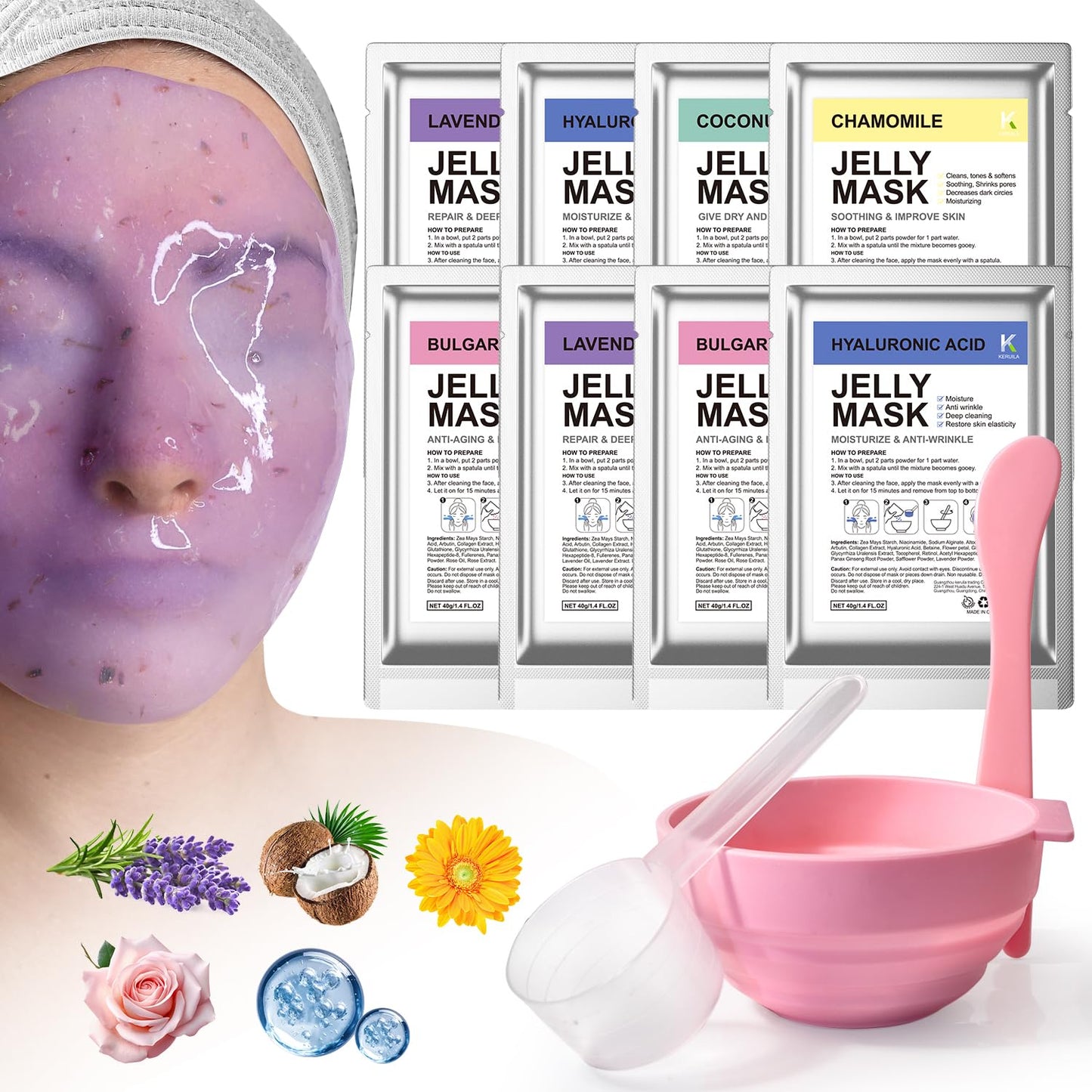 KERUILA Jelly Masks For Facials Professional Peel Off Jelly Face Mask Skincare Jelly Mask Powder for Facials Mask Mixing Bowl Set Hydrojelly Mask Kit for Hydrating Nourishing & Soothing