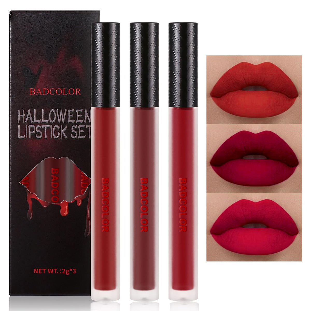 3 Colors Red Matte Liquid Lipstick Set Burgundy Ruby Red Lip Gloss for Women Vampy Halloween Makeup High Impact Long Lasting Lip Stain Velvet Nonstick Cup Smudge Proof & Waterproof Lip Tint