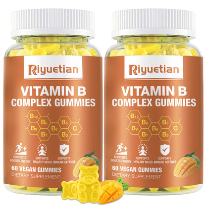 Riyuetian Vitamin B Complex Gummies with BiotinCholine + Inositol Vitamin C + Zinc for Supports Energy Brain Mood Immune Healthy Hair Skin - Natural Mango Flavor - Vegan Diet - 120 Vegan