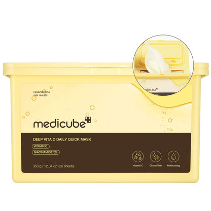 Medicube Deep Vita C Daily Quick 30 Sheet Masks - Vegan Certified Quick Dispenser Triple Vitamin Complex For Radiance and Hydration - Korean Face Masks