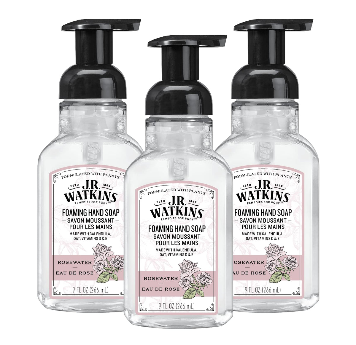 J.R. Watkins Foaming Hand Soap with Pump Dispenser Moisturizing Foam Hand Wash All Natural Alcohol-Free Cruelty-Free USA Made Rosewater 9 fl oz 3 Pack