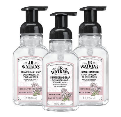 J.R. Watkins Foaming Hand Soap with Pump Dispenser Moisturizing Foam Hand Wash All Natural Alcohol-Free Cruelty-Free USA Made Rosewater 9 fl oz 3 Pack
