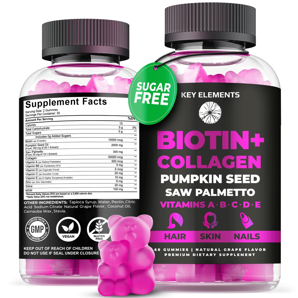 Hair Skin and Nails 10000mcg Biotin Gummies & Collagen Gummies - Biotin Vitamins Gummies for Hair Growth Pumpkin Seed Oil Saw Palmetto Extract & Vitamins A B6 C D E - Biotin and Collagen Supplements